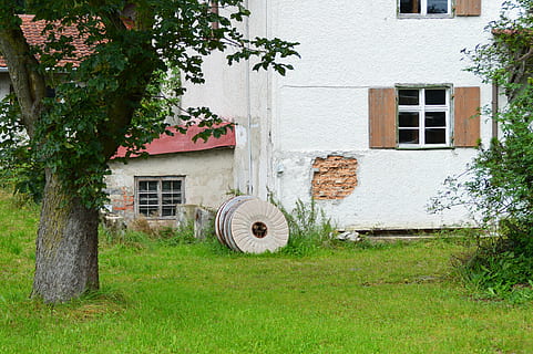 mulino, macina, vecchio, romantico, facciata, finestra, architettura, struttura costruita, esterno dell'edificio, costruzione, pianta, Casa, erba, quartiere residenziale, nessuno, giorno, albero, natura, crescita, colore verde, all'aperto, caratteristica della parete, campo, abbandonato, terra, 4K, CC0, dominio pubblico, privo di copyright