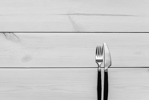 fork, knife, gray, surface, black, handle, grey, wooden, kitchen, table, wood, cutlery, utensils, food, no people, silverware, silver colored, empty, stainless steel, plate, indoors, close-up, kitchen utensil, household equipment, wood - material, eating utensil, table knife, still life, directly above, food and drink, pattern, copy space, metal, steel, crockery, wood grain, setting, clean, alloy, 1080P, CC0, public domain, royalty free