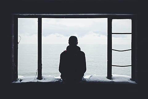man, sitting, looking, sea, silhouette, person, near, window, people, guy, dark, top, building, thinking, alone, snow, winter, one person, cloud - sky, one woman only, only women, solitude, loneliness, rear view, indoors, looking through window, real people, leisure activity, lifestyles, sky, day, nature, transparent, water, women, glass - material, adult, looking at view, contemplation, 5K, CC0, public domain, royalty free