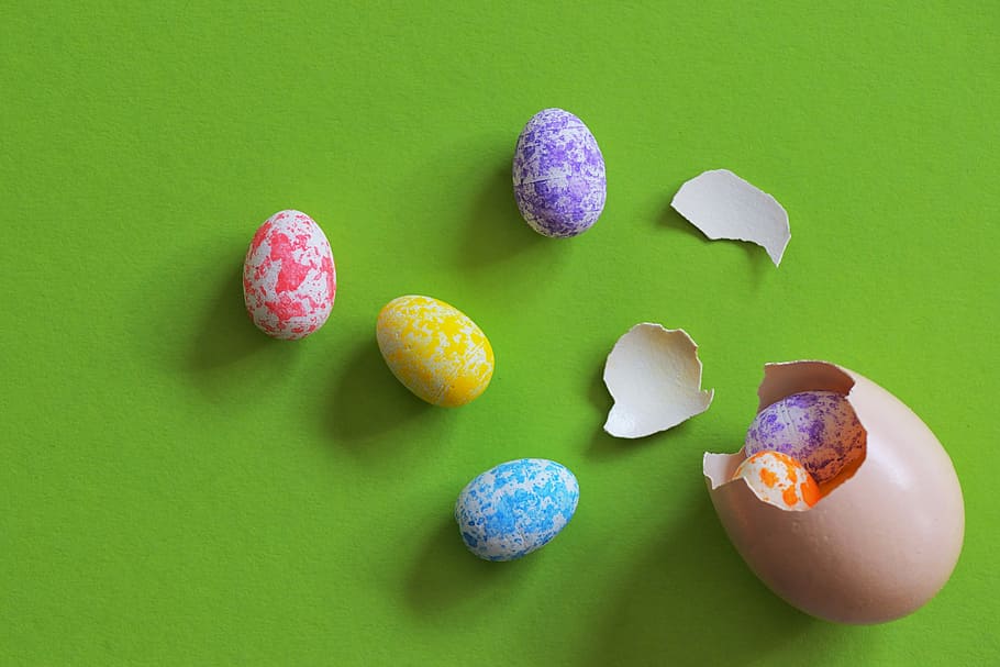 esquerdat, ou, petit, ous, ous de pasqua de color variat, trencar, endins, dolç, caramels, fons de colors, menjar i beguda, menjar, ou de Pasqua, tir de l'estudi, Pasqua, a l'interior, menjar dolç, natura morta, cap gent, fons verd, vista d’angle alt, directament a sobre, grup d'objectes, multicolor, indulgència, frescor, temptació, 5K