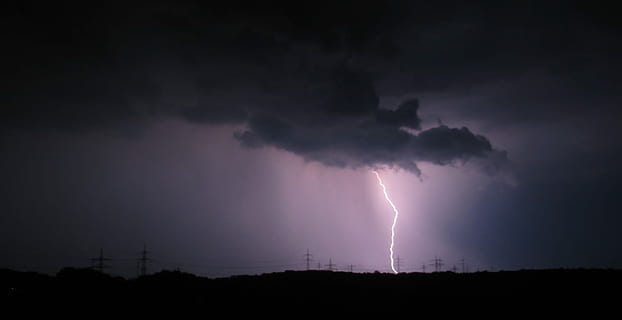 photo, lightning bolt, cloudy, sky, Flash, Thunderstorm, Clouds, Night, nature, storm, summer thunderstorm, flash of lightning, storm clouds, high voltage, lightning weft, dark, lightning, power in nature, forked lightning, cloud - sky, power, beauty in nature, storm cloud, silhouette, environment, warning sign, sign, no people, communication, dramatic sky, electricity, outdoors, ominous, purple, 1080P, CC0, public domain, royalty free