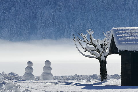 zwei, Schneemann, hölzern, Haus, tagsüber, Winter, Schnee, kalt, Eis, gefroren, Frost, weissensee, alpin, Österreich, Raureif, Winterzauber, Winterimpressionen, winterlich, schneebedeckt, See, Alpensee, Kärnten, kalte Temperatur, Baum, Natur, Umgebung, Szenen - Natur, Ruhe, ruhige Szene, Pflanze, Landschaft, Schönheit in der Natur, draußen, Tag, Sonnenlicht, keine Leute, Berg, extremes Wetter, Schneesturm, schneit, schneebedeckter Berg, 5K, CC0, gemeinfrei, lizenzfrei