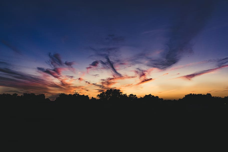 silueta, arbres, taronja, gris, cel, blau, nit, posta de sol, núvol, vespre, vermell, porpra, negre, arbre, a6000, sony a6000, alpha 6000, sony, núvol - cel, bellesa a la natura, tranquil·litat, escenics - natura, escena tranquil·la, color taronja, planta, naturalesa, cel dramàtic, idíl·lic, cap gent, fosc, medi ambient, multicolor, a l'aire lliure, cel romàntic, 5K