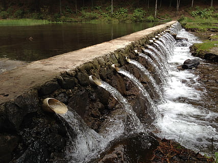 dam, river, water, flowing water, motion, nature, beauty in nature, tree, scenics - nature, forest, no people, day, land, non-urban scene, plant, rock, waterfall, long exposure, high angle view, flowing, outdoors, power in nature, 2K, CC0, public domain, royalty free