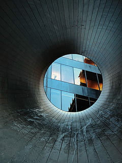 cilindrisch, foto, grijs, beton, gat, lege grijze tunnel, gebouw, venster, doorkijken, buis, architectuur, ingebouwde structuur, geometrische vorm, vorm, cirkel, glas - materiaal, dag, buitenkant van het gebouw, hemel, lage hoekweergave, buitenshuis, reflectie, geen mensen, natuur, transparant, zonlicht, ontwerp, modern, direct onder, plafond, digitale composiet, 4K, CC0, publiek domein, royaltyvrij