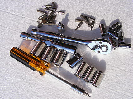 chrome, screwdriver, set, socket, vanadium, tools, metal, transportation, no people, close-up, silver colored, high angle view, mode of transportation, day, shadow, gun, shiny, outdoors, machinery, weapon, still life, in a row, sunlight, land vehicle, single object, city, aggression, 2K, CC0, public domain, royalty free