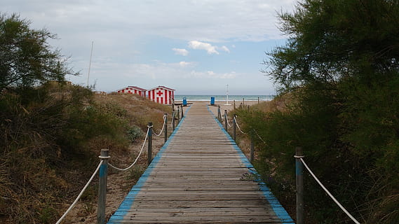 Tor, Eingang, Pfad, Strand, Bäume, Meer, Mittelmeer, der Weg nach vorn, Tag, Holz - Material, Himmel, Natur, draußen, Richtung, Pflanze, Wasser, die Architektur, gebaute Struktur, wolke - himmel, Baum, Fußweg, keine Leute, Land, Promenade, Ruhe, abnehmende Perspektive, Holz, Horizont über Wasser, Holzverkleidung, lange, 4K, CC0, gemeinfrei, lizenzfrei