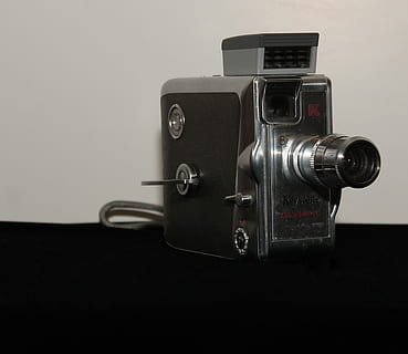 antique, camera, front, keystone, olympic, k-33, 8 mm, technology, close-up, indoors, retro styled, still life, camera - photographic equipment, photography themes, no people, connection, studio shot, photographic equipment, table, metal, black color, analog, equipment, digital camera, power supply, silver colored, 720P, CC0, public domain, royalty free