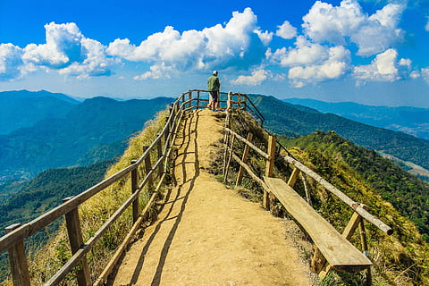 photo, man, standing, cliff, background, bench, clouds, extreme, fence, fog, forest, high, hike, hill, idyllic, landscape, mist, mountains, person, scenery, scenic, sight, sky, thailand, top, tourism, tranquil, travel, trees, vacation, view, woods, cloud - sky, mountain, nature, architecture, day, scenics - nature, environment, built structure, railing, beauty in nature, direction, land, the way forward, non-urban scene, tranquility, tranquil scene, one person, outdoors, mountain range, footbridge, 2K, CC0, public domain, royalty free