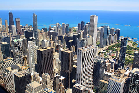 antenne, fotografering, by, scape, usa, chicago, skyskraper, kontorbygning eksteriør, bygge eksteriør, bygning, arkitektur, bygget struktur, bybildet, himmel, vann, moderne, urban skyline, reisemål, sentrum distriktet, natur, landskap, høy - høy, hav, tårn, horisont over vann, ingen folk, Finans distrikt, utendørs, spir, 5K, CC0, offentlig domene, opphavsrett gratis