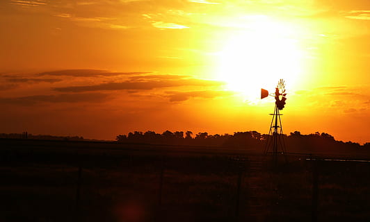 dawn, field, mill, sunset, sky, orange color, cloud - sky, silhouette, nature, no people, beauty in nature, scenics - nature, sunlight, sun, architecture, landscape, environment, tranquility, outdoors, dramatic sky, built structure, copy space, building exterior, 4K, CC0, public domain, royalty free
