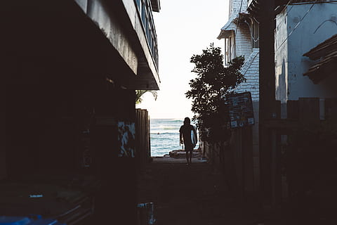 surfista, caminar, carreró, cap a, oceà, foto de la silueta, home, cos, aigua, silueta, foto, persona, cos d'aigua, gent, a l'aire lliure, escena urbana, carrer, homes, dues persones, exterior de l'edifici, dia, estructura construïda, ciutat, arquitectura, persones reals, estils de vida, naturalesa, una persona, cel, longitud completa, activitat d'oci, vista del darrere, edifici, planta, 5K, CC0, domini públic, lliure de regalies