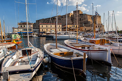wide-angle shot, Wide-angle, shot, Harbour, Napoli, Italy, urban, coast, nautical Vessel, harbor, sea, marina, water, pier, sailboat, yacht, europe, color Image, commercial Dock, outdoors, blue, summer, coastline, moored, no people, transportation, mode of transportation, sky, architecture, nature, mast, day, pole, built structure, building exterior, rope, port, fishing boat, 4K