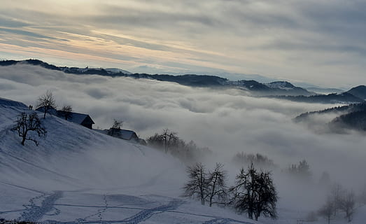 Foto, snedækkede bjerge, sneede, bjerg, dækket, hvid, skyer, Sky, tåge, træ, huse, bygninger, dal, overskyet, himmel, fodspor, sne, ødemark, hus, vinter, kold temperatur, skønhed i naturen, sky - himmel, scenics - natur, ro, plante, miljø, rolig scene, natur, landskab, bjergkæde, ingen mennesker, ikke-urbane scene, snedækket bjerg, udendørs, fyrretræ, nåletræ, bjergtop, 2K, CC0, offentligt domæne, royaltyfrie