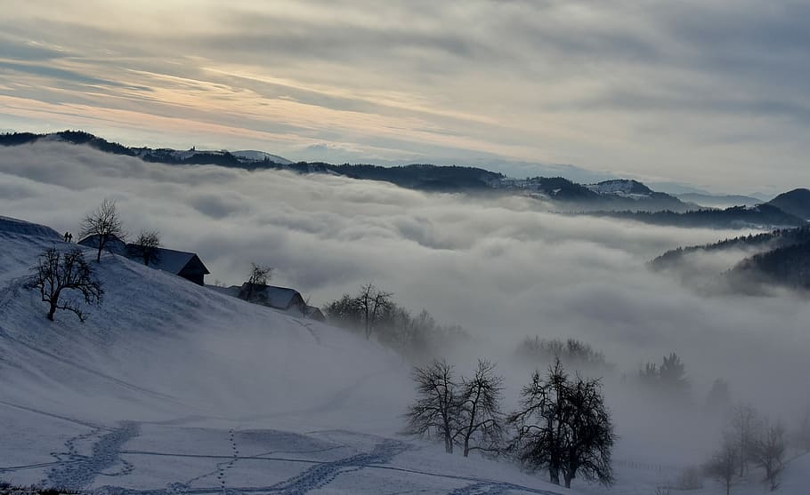 Foto, snedækkede bjerge, sneede, bjerg, dækket, hvid, skyer, Sky, tåge, træ, huse, bygninger, dal, overskyet, himmel, fodspor, sne, ødemark, hus, vinter, kold temperatur, skønhed i naturen, sky - himmel, scenics - natur, ro, plante, miljø, rolig scene, natur, landskab, bjergkæde, ingen mennesker, ikke-urbane scene, snedækket bjerg, udendørs, fyrretræ, nåletræ, bjergtop, 2K