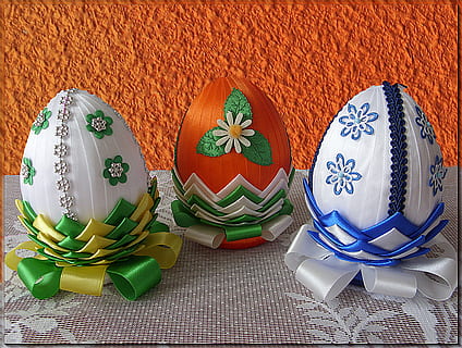 eggs, easter symbol, easter, decorated eggs, eggs dressed, needlework, folk art, ornament, ornaments material, precision, the accuracy of the, colorful, ribbons, green, white, blue, the tradition of, celebration, no people, holiday, indoors, green color, text, art and craft, event, decoration, pattern, craft, group of objects, holiday - event, multi colored, high angle view, still life, 2K, CC0, public domain, royalty free