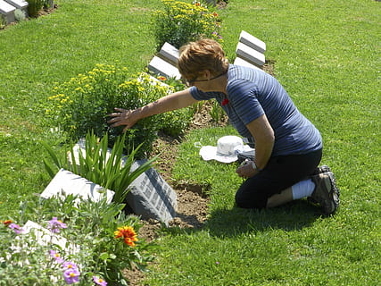tumba, duelo, cementerio, tristeza, lápida mortuoria, dolor, muerto, llorar, muerte, afligirse, memorial, pérdida, luto, recuerdo, lápida sepulcral, planta, hierba, naturaleza, crecimiento, actividad de ocio, gente real, color verde, longitud total, una persona, ropa casual, planta floreciendo, flor, día, estilos de vida, tierra, luz del sol, campo, patio delantero o trasero, jardinería, al aire libre, plantación, 4K, CC0, dominio público, libre de derechos