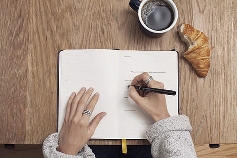 femme, chandail, l'écriture, papier peint planificateur, café, écrire, table, carnet, tasse, mains, stylo, croissant, main humaine, directement au-dessus, boisson, main, café - boisson, une personne, à l'intérieur, tasse à café, vue grand angle, bois - matériau, perspective personnelle, en portant, partie du corps humain, papier, agresser, bloc note, doigt, clou, 1080P, CC0, domaine public, libre de droits