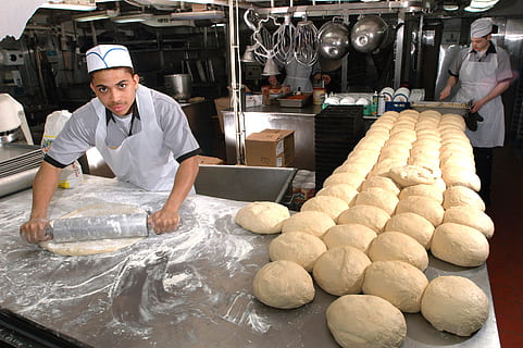photo, man, wearing, apron, bakers, baking, bread, cook, food, kitchen, fresh, flour, dough, oven, military, work, labor, job, navy, occupation, working, bakery, commercial Kitchen, men, chef, baker - Occupation, people, adult, indoors, restaurant, uniform, business, food and drink, store, freshness, food and drink establishment, standing, clothing, food and drink industry, portrait, preparation, preparing food, 2K, CC0, public domain, royalty free