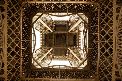 worms eye view, building ceiling, architecture, building, design, eiffel tower, france, paris, sepia, steel, tower, urban, worm's eye view, built structure, the past, travel destinations, city, no people, history, tourism, architectural feature, pattern, metal, travel, low angle view, building exterior, directly below, day, ceiling, ornate, architecture and art, 4K