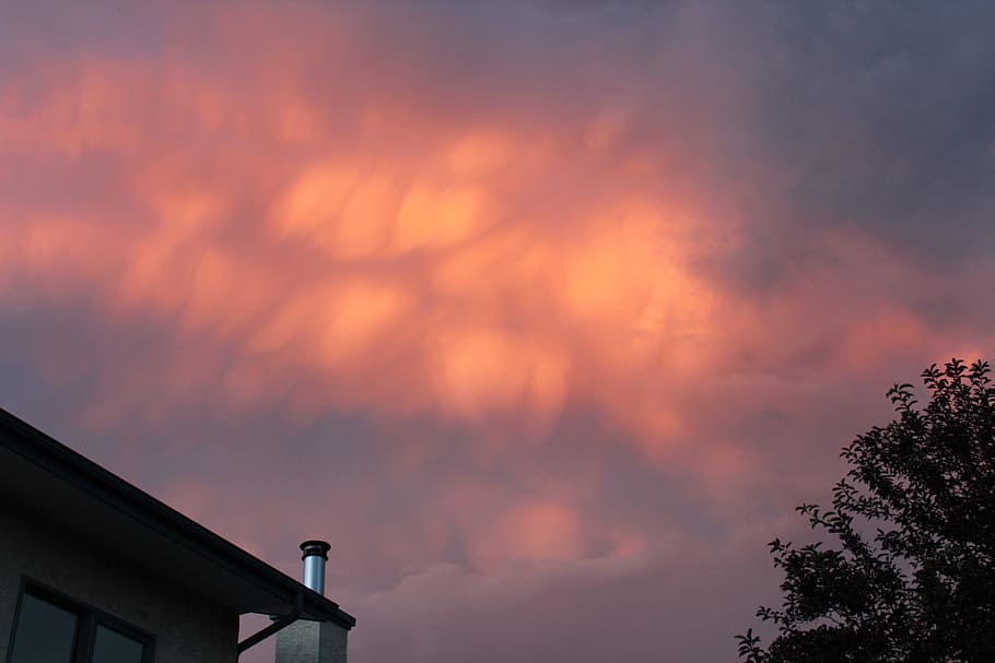 storm, himmel, skyer, tordenvejr, farve, rød, orange, sky - himmel, lav vinkel visning, solnedgang, arkitektur, natur, silhuet, bygning udvendig, bygget struktur, ingen mennesker, træ, orange farve, udendørs, skønhed i naturen, plante, høj sektion, skumring, tag, fabrik, scenics - natur, 5K