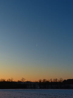 landscape, winter, comet, tail, shooting star, meteorite, sky, beauty in nature, scenics - nature, tranquility, tranquil scene, sunset, clear sky, nature, tree, moon, copy space, water, no people, idyllic, non-urban scene, plant, lake, cold temperature, orange color, outdoors, 4K, CC0, public domain, royalty free