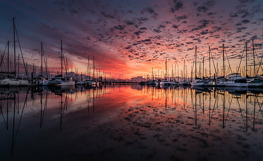 white, yacht, harbor, landscape, sunrise, clouds, reflection, sea, water, ocean, sailboat, yachting, sail, sunset, colour, horizon, nature, boat, marine, sky, sailing, boating, maritime, cruise, tranquil scene, tranquility, beauty in nature, cloud - sky, nautical vessel, mode of transportation, transportation, moored, scenics - nature, waterfront, no people, orange color, marina, outdoors, 4K