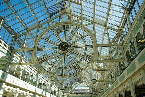 white, black, analog wall clock, dublin, canopy, pendulum, hall, shopping centre, built structure, architecture, ceiling, low angle view, glass - material, indoors, modern, no people, dome, travel, skylight, pattern, travel destinations, transparent, day, building, sunlight, shopping mall, city, ornate, directly below, steel, alloy, 4K, CC0, public domain, royalty free
