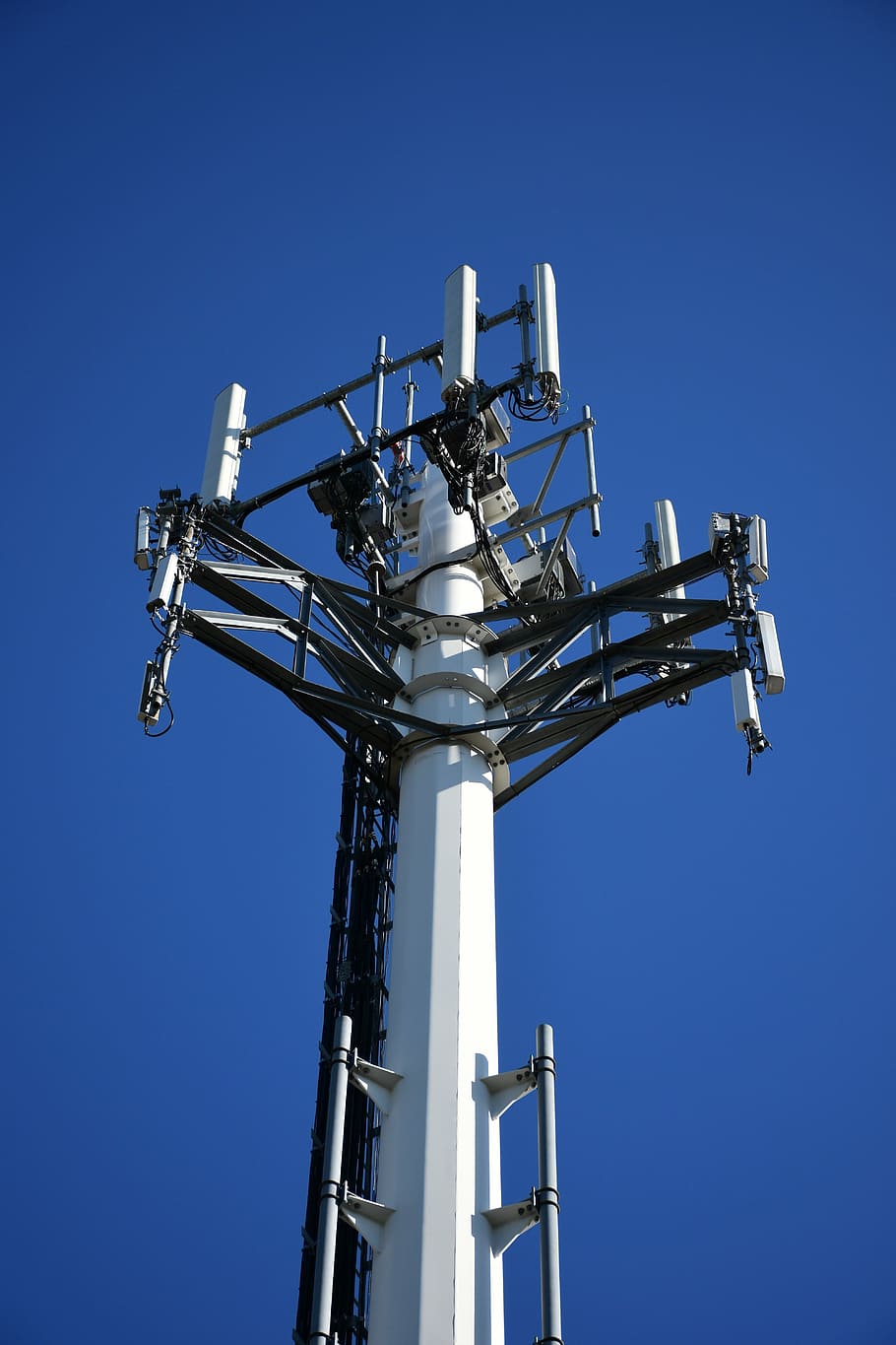 torre cel·lular, poder, tecnologia, mòbil, cel·la, ràdio, antena, transmetre, cable, transmissor, emissió, metall, acer, telèfon, xarxa, sense fils, comunicació, cel, blau, blanc, cel clar, vista d’angle baix, naturalesa, estructura construïda, cap gent, dia, alta - alta, arquitectura, torre, cultura i entreteniment artístic, equips d’il·luminació, a l'aire lliure, Parc d'atraccions, passeig pel parc d’atraccions, llum solar, equipament elèctric, directament a sota, comunicacions globals, 5K