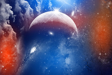 sphere, moon, planet, surface, sky, nature, space, no people, star - space, night, astronomy, galaxy, smoke - physical structure, destruction, blue, cloud - sky, outdoors, planet - space, illuminated, red, light - natural phenomenon, digital composite, power in nature, 2K, CC0, public domain, royalty free