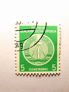 stamp, ddr, dimed, post, postage Stamp, green color, studio shot, close-up, indoors, no people, paper, travel, communication, white background, document, authority, business, number, sign, finance, security, copy space, cut out, text, 4K, CC0, public domain, royalty free