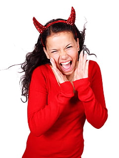 femme, rouge, chandail, Bandeau, costume, en hurlant, démon, diable, mal, femelle, fille, Halloween, enfer, klaxon, crier, isolé, vilain, personnes, Jeune, femmes, fond blanc, les femelles, souriant, une personne, de bonne humeur, en criant, bonheur, prise de vue en studio, ethnie caucasienne, bouche ouverte, isolé sur blanc, adulte, excitation, émotion, portrait, émotion positive, Vêtements, amusement, coupé, expression du visage, à l'intérieur, jeune adulte, en extase, coiffure, adolescent, 4K, CC0, domaine public, libre de droits