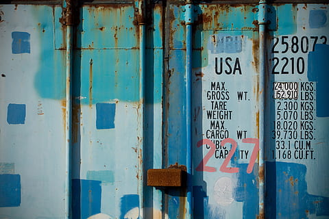 old, blue, metal, shipping, containers, image, captured, canon dslr, Close-up shot, old blue, blue metal, shipping containers, Canon, DSLR, textures, text, communication, day, no people, full frame, outdoors, western script, wood - material, architecture, number, built structure, backgrounds, weathered, wall - building feature, script, sign, rusty, 4K