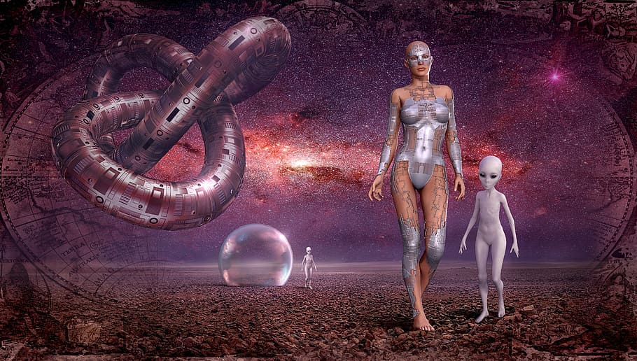 robot humanoide, caminar, il·lustració del sòl de brutícia, fantasia, espai, galàxia, alienígena, contacte, cel estrellat, univers, cosmos, estrella, tot, nau espacial, brillant, violeta, trobada, pacífica, composició, atmosfera, pilota, dona, femella, humor, bonic, descans, ambaixada, harmonia, longitud completa, adult, només dones, una sola dona, futurista, gent, només adults, a l'aire lliure, una persona, adult jove, nit, compost digital, tecnologia, naturalesa, terra, cel, de peu, connexió, homes, arquitectura, dones, estrella - espai, robot, 2K