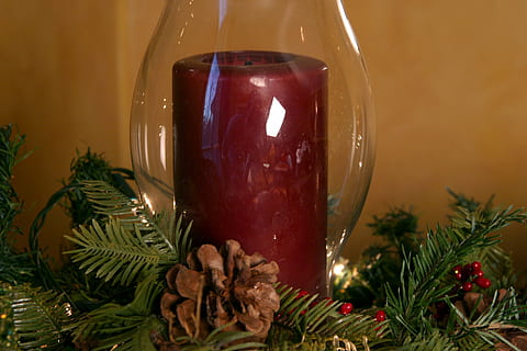 christmas, candle, wreath, decoration, celebration, winter, holiday, tree, branch, fir Tree, red, season, drink, pine Cone, pine Tree, christmas tree, christmas decoration, plant, indoors, glass - material, close-up, illuminated, no people, container, christmas ornament, nature, table, still life, transparent, glass, coniferous tree, 2K, CC0, public domain, royalty free