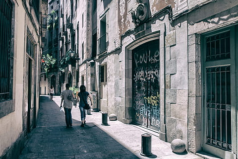 couple, people, walk, streets, gothic, quarter, barcelona, spain, walk through, the streets, Gothic Quarter, Barcelona, Spain, street, urban Scene, outdoors, architecture, city, building Exterior, europe, italy, men, sidewalk, built structure, real people, walking, women, lifestyles, full length, adult, building, day, leisure activity, group of people, rear view, direction, the way forward, alley, 4K