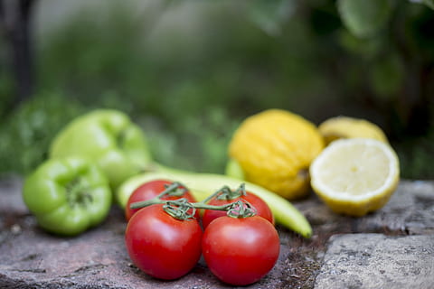 vegetable, selective, focus photography, four, red, tomatoes, tomato, pepper, lemon, fruit, food, yellow, green, savoury, food and drink, healthy eating, freshness, wellbeing, close-up, wood - material, day, no people, focus on foreground, selective focus, still life, table, plant, outdoors, ripe, 5K, CC0, public domain, royalty free
