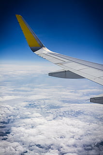 plane, view, scene, blue, sky, travel, transport, landscape, trip, holiday, tourism, vacation, destination, adventure travel, horizon, clouds, voyage, tour, hight, airplane, airport, cloud - sky, transportation, air vehicle, aircraft wing, flying, mode of transportation, no people, day, nature, mid-air, motion, beauty in nature, outdoors, on the move, scenics - nature, cloudscape, aerospace industry, above, meteorology, 5K, CC0, public domain, royalty free