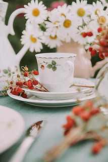 white, ceramic, teacup, saucer, flowers, table, red, food and drink, freshness, plate, selective focus, food, plant, mug, cup, flowering plant, flower, drink, crockery, indoors, no people, refreshment, close-up, still life, coffee cup, tea cup, 5K, CC0, public domain, royalty free