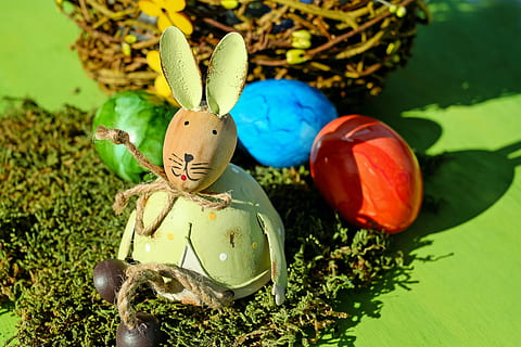 hare, easter bunny, easter, cute, figure, sitting, moss, easter eggs, easter theme, customs, easter decoration, decoration, representation, art and craft, creativity, no people, celebration, human representation, nature, plant, close-up, holiday, easter egg, egg, green color, food, growth, outdoors, 4K, CC0, public domain, royalty free