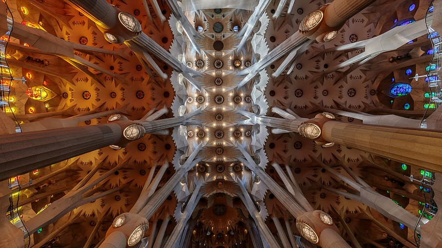 baix, foto d'angle, edifici, interior, columnes, pilars, llums, arquitectura, referència, gòtic, espanya, barcelona, sagrada familium, patró, vista d’angle baix, sostre, a l'interior, cap gent, estructura construïda, marc complet, directament a sota, disseny, forma, fons, dia, art i artesania, lloc de culte, creativitat, religió, espiritualitat, forma geomètrica, simetria, ornamentat, arquitectura i art, 4K