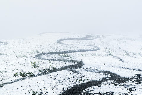 Path, Away, Devoured, Curves, Fog, Snow, winter, uncertain, trail, disoriented, no people, full frame, backgrounds, sea, day, cold temperature, nature, white color, land, landscape, environment, beauty in nature, scenics - nature, frozen, sky, outdoors, copy space, snowing, storm, blizzard, 2K, CC0, public domain, royalty free