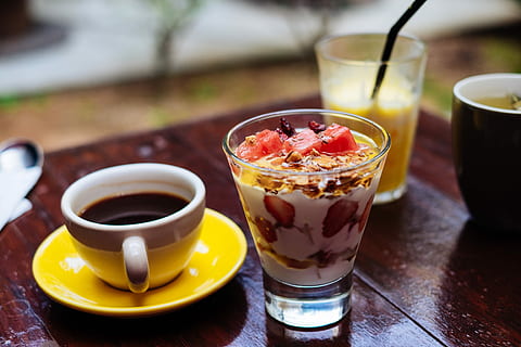 dessert, serve, clear, glass cup, white, ceramic, mug, beside, glass, brown, wooden, table, lunch, yoghurt, coffee, cup, restaurant, tea, food, juice, watermellon, breakfast, parfait, breakfast layout, dinner, espresso, machiato, expresso, food and drink, drink, refreshment, drinking glass, freshness, fruit, household equipment, healthy eating, spoon, kitchen utensil, focus on foreground, meal, coffee - drink, indulgence, eating utensil, crockery, no people, tray, snack, 4K, CC0, public domain, royalty free
