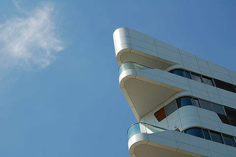 low, angle photography, building, angle, photography, architecture, infrastructure, sky, blue, cloud, no people, outdoors, low angle view, day, building exterior, modern, clear sky, close-up, built structure, nature, sunlight, copy space, white color, industry, window, sunny, arts culture and entertainment, 2K, CC0, public domain, royalty free