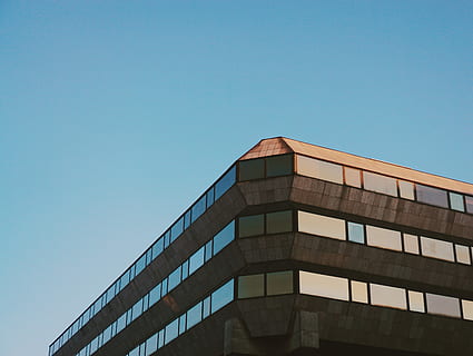 Marrone, alto, edificio, blu, cielo, verme-eye, vista, costruzione, architettura, finestre, riflessione, chiaro, struttura costruita, cielo sereno, Inquadratura dal basso, esterno dell'edificio, copia spazio, nessuno, giorno, natura, moderno, luce del sole, edificio per uffici esterno, all'aperto, vetro - materiale, città, ufficio, finestra, 5K, CC0, dominio pubblico, privo di copyright