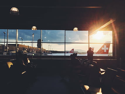 man, standing, front, glass wall, architecture, building, infrastructure, structure, establishment, glass, windows, people, airplane, airport, sunset, clouds, sky, travel, adventure, transportation, mode of Transport, people Traveling, window, table, indoors, transparent, seat, glass - material, sunlight, group of people, nature, built structure, real people, chair, women, lifestyles, restaurant, leisure activity, food and drink, lighting equipment, 2K, CC0, public domain, royalty free