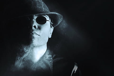 man, round hat, smoke, sunglasses, gangster, cool, urban, fashion, model, halloween, spooky, horror, human body part, dark, mystery, one person, evil, one woman only, adult, headshot, portrait, fear, black background, studio shot, indoors, celebration, back lit, men, body part, hood - clothing, human face, 5K
