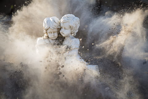 art, girl, rocks, dust, abstract, angelic, blast, boy, colors, damaged, daylight, outdoors, statues, stones, sculpture, creativity, art and craft, no people, human representation, statue, smoke - physical structure, day, angel, nature, representation, emotion, selective focus, motion, cemetery, grave, 5K, CC0, public domain, royalty free