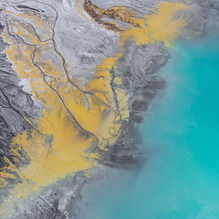 sea, landscape, art, creative, abstract, activity, background, bright, color, creativity, dry, earth, land, ocean, oil, paint, painting, surreal, surrealism, texture, turquoise, water, no people, nature, geology, yellow, environment, mountain, day, beauty in nature, outdoors, non-urban scene, volcano, smoke - physical structure, scenics - nature, hot spring, aerial view, pollution, power in nature, abstract backgrounds, 2K, CC0, public domain, royalty free