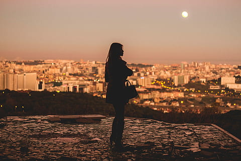 silhouette, woman, city, yellow, sunset, people, cityscape, women, outdoors, one Person, urban Skyline, dusk, urban Scene, sea, females, back Lit, one woman only, only women, architecture, building exterior, built structure, standing, sky, full length, young adult, building, leisure activity, nature, lifestyles, adult, young women, focus on foreground, looking at view, hairstyle, skyscraper, 5K, CC0, public domain, royalty free